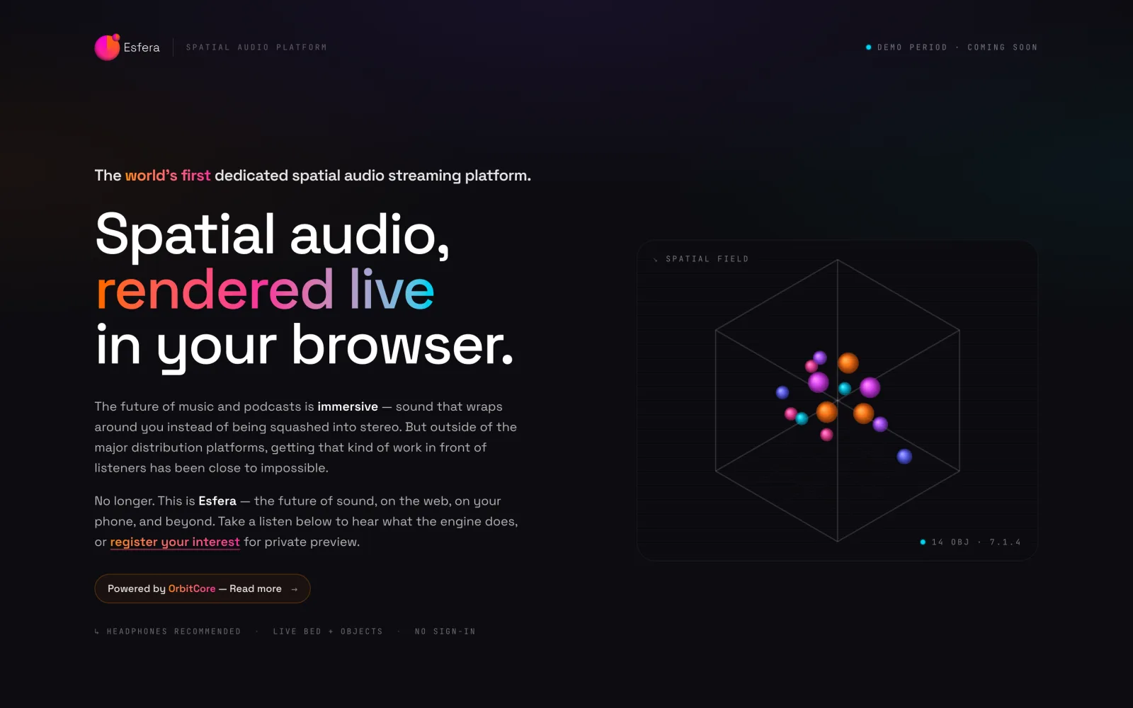 Esfera at esfera.audio — spatial audio rendered live in the browser, powered by OrbitCore