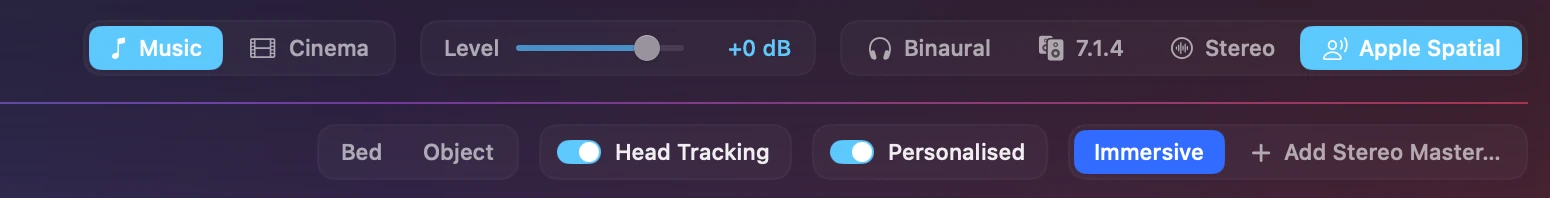 Orbit Lite's footer in Apple Spatial mode: Music and Cinema buttons and a Level slider, with the Head Tracking and Personalised switches on the row below
