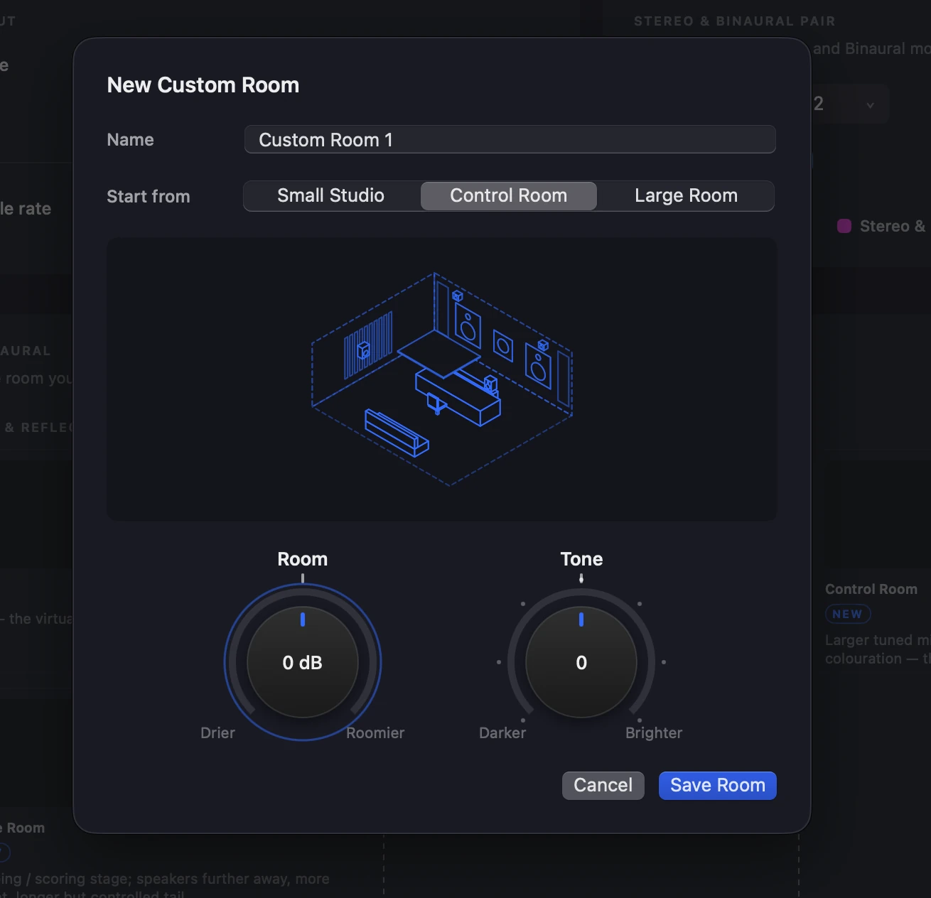 The New Custom Room sheet: a name, a room to start from (Control Room chosen), then the Room knob from Drier to Roomier and the Tone knob from Darker to Brighter
