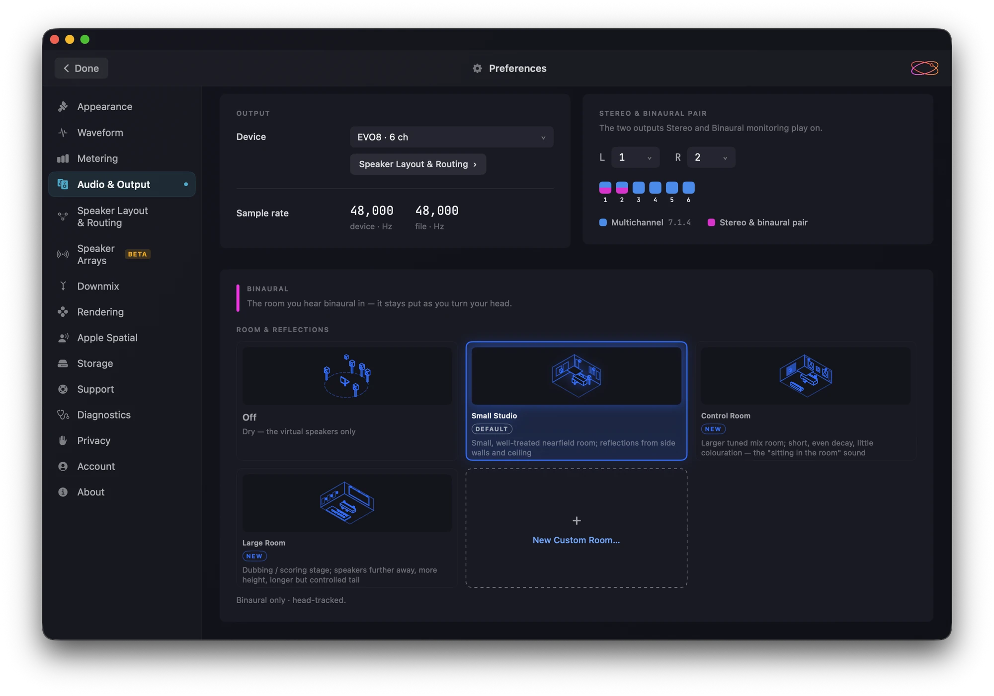 Orbit Lite 1.3.2's redesigned Preferences, Audio & Output: the sidebar of panes on the left, the Output and Stereo & Binaural Pair panels at the top, and the Binaural panel with the room cards below