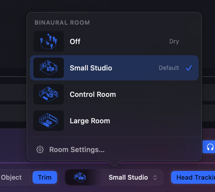 The room menu, open above the footer's room chip: Off, Small Studio (ticked), Control Room and Large Room, each with a small drawing of the room, and Room Settings… at the bottom