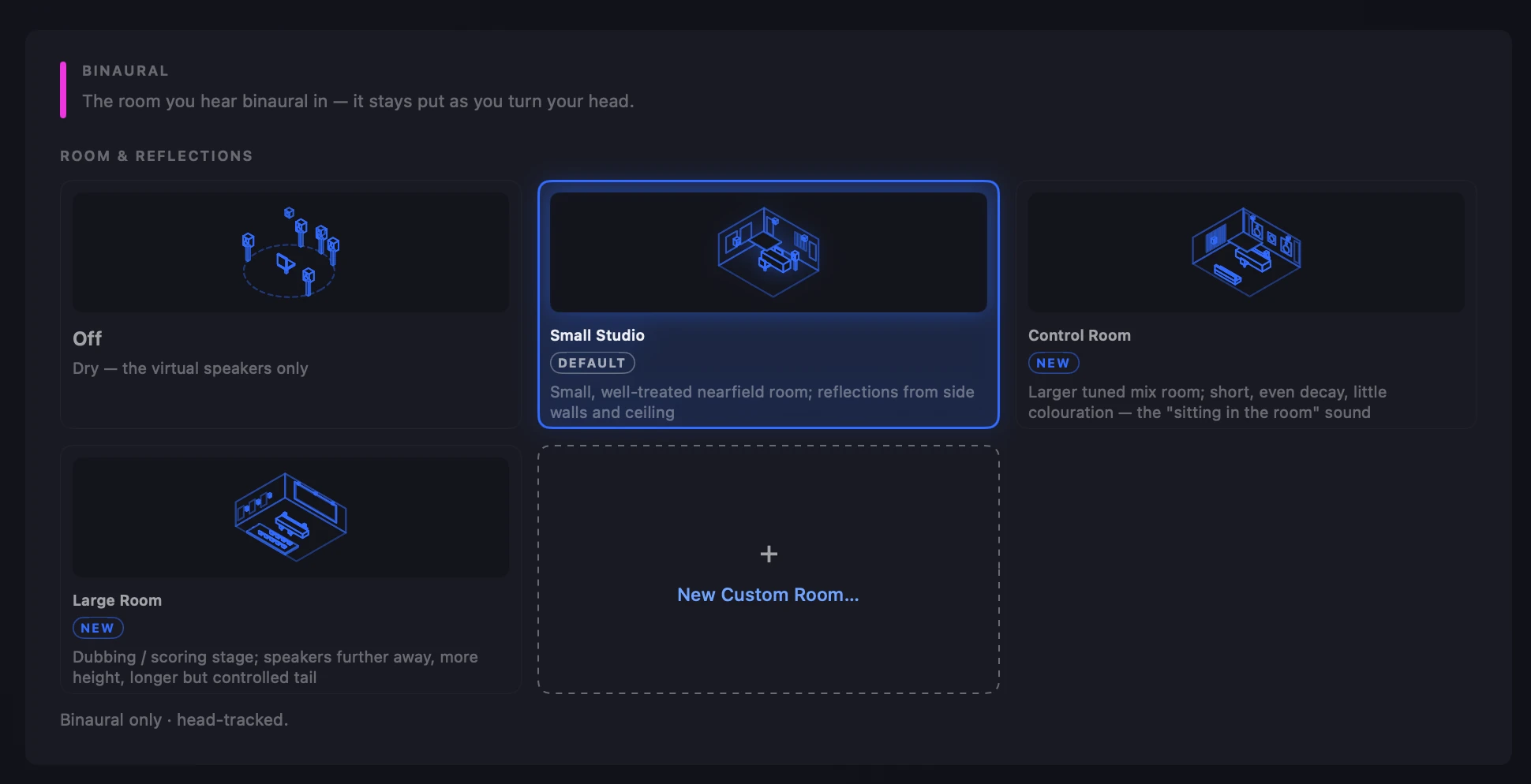 The Binaural panel in Preferences ▸ Audio & Output: room cards for Off, Small Studio (the default, selected), Control Room and Large Room, each with a drawing of the room, and a New Custom Room… card
