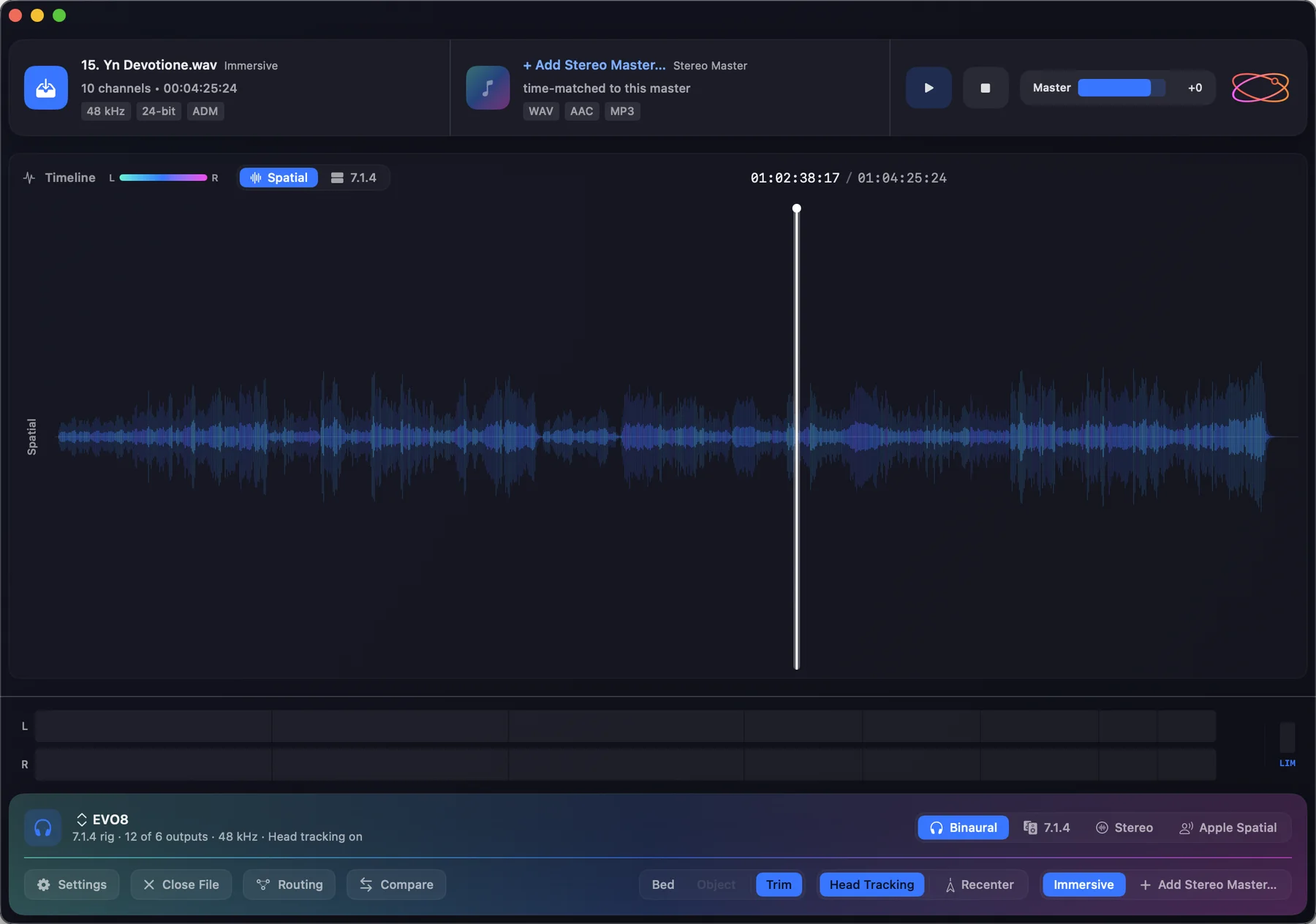 Orbit Lite 1.3 in dark mode, showing the same spatial waveform