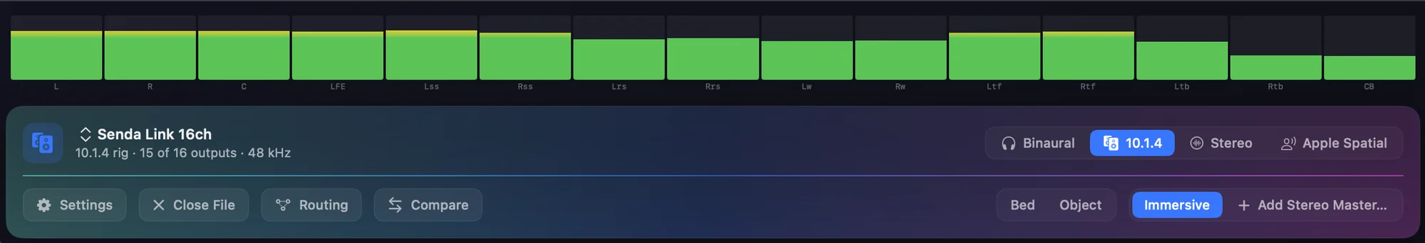 The same meter bridge following a custom 10.1.4 layout — fifteen channels including wides and a centre back