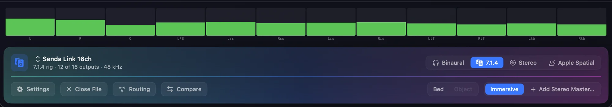 Orbit Lite 1.3's meter bridge across all twelve channels of a 7.1.4 layout