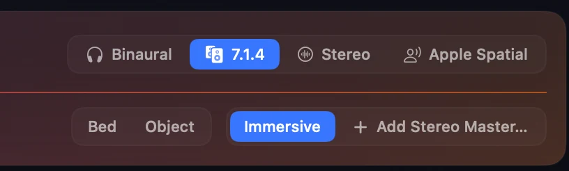 Orbit Lite 1.3's output selector — Binaural, 7.1.4, Stereo and Apple Spatial — with the Immersive and Add Stereo Master controls beneath