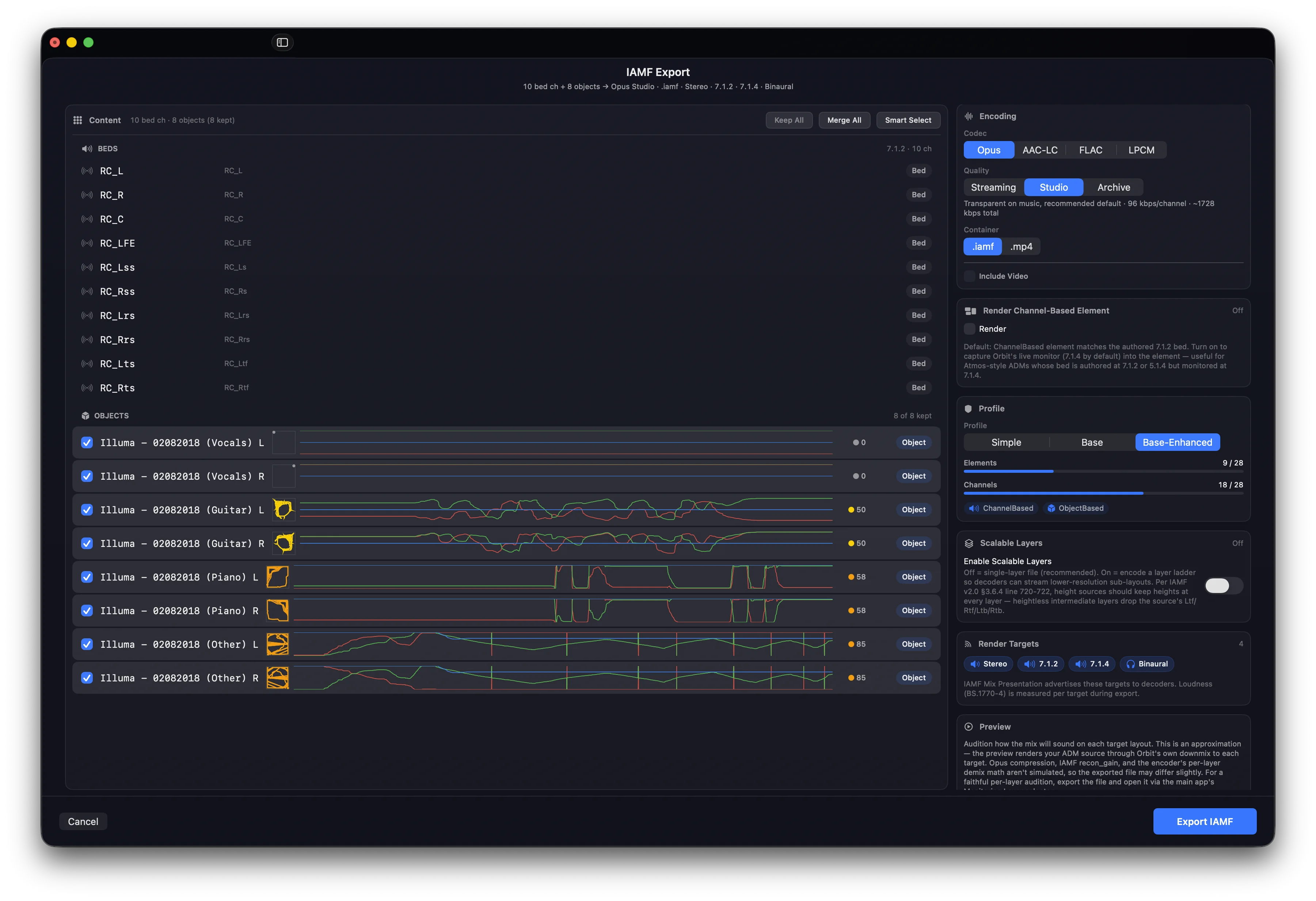 Orbit Pro IAMF Export window showing encoding, profile, scalable layers, render targets, and the export queue