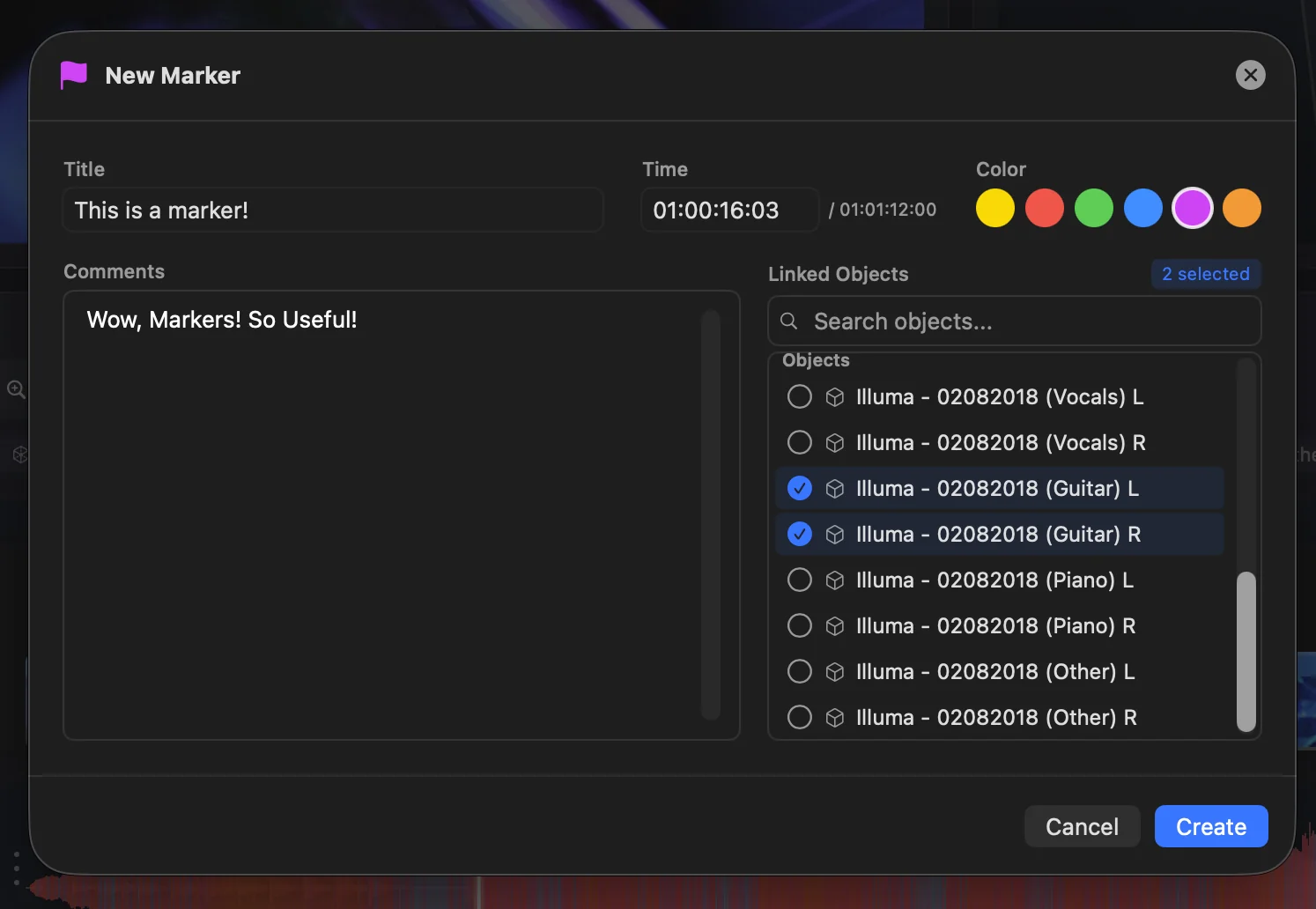 The New Marker dialog with title, time, colour and linked-object picker