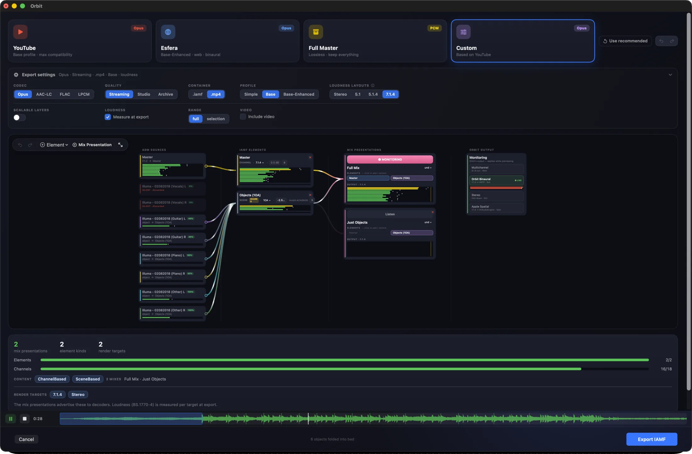 Orbit Pro 1.5 IAMF / Eclipsa export — auto-route presets, the routing graph and live render stats