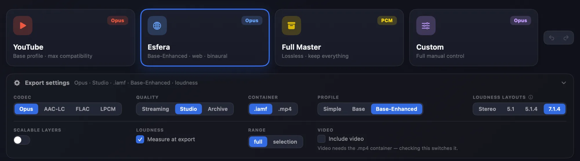 Close-up of IAMF export presets — YouTube, Esfera, Full Master, Custom — with codec, quality, profile and loudness-layout settings
