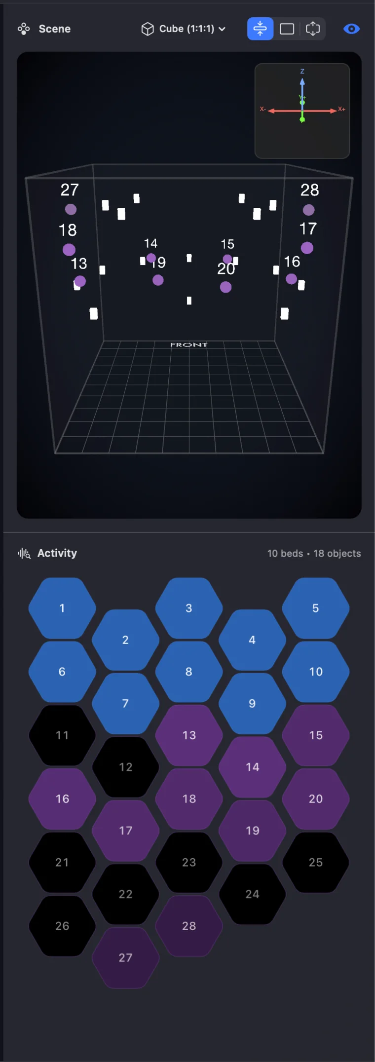 Timeline right sidebar — a 3D scene of object positions above the activity grid