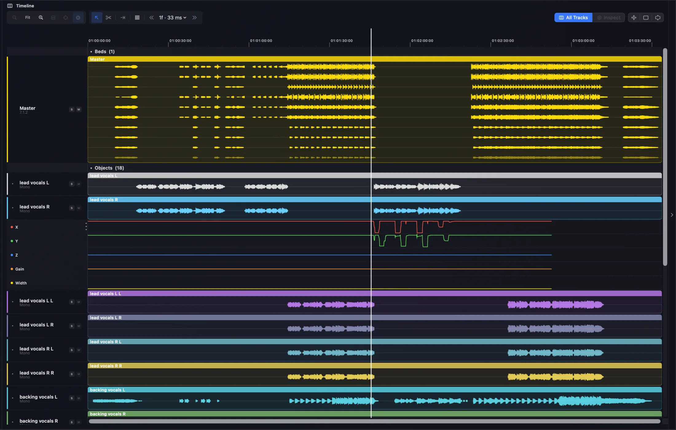 Orbit Pro 1.5 timeline — beds, objects and stems as colour-coded waveforms with per-track soloing and markers
