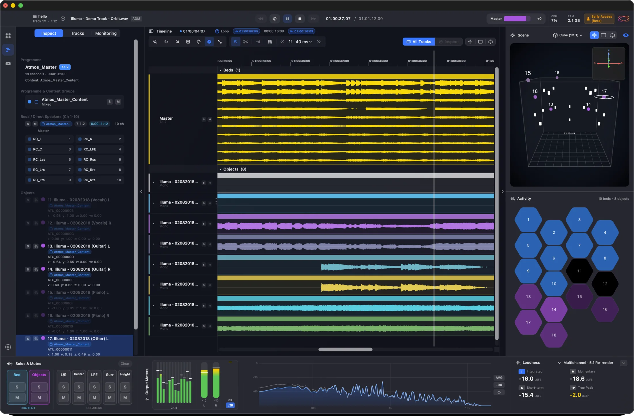 Orbit Pro 1.5 — full timeline of an immersive master with 3D scene, activity and metering