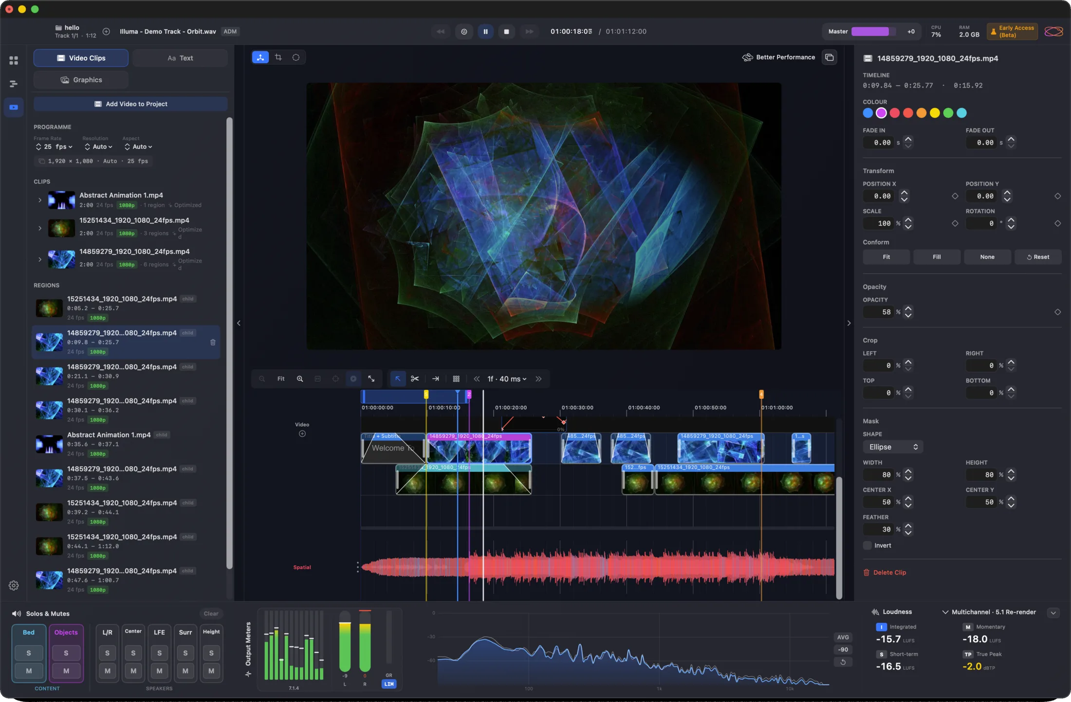 Orbit Pro 1.5 built-in video editor — clip bin, preview, scene view and timeline