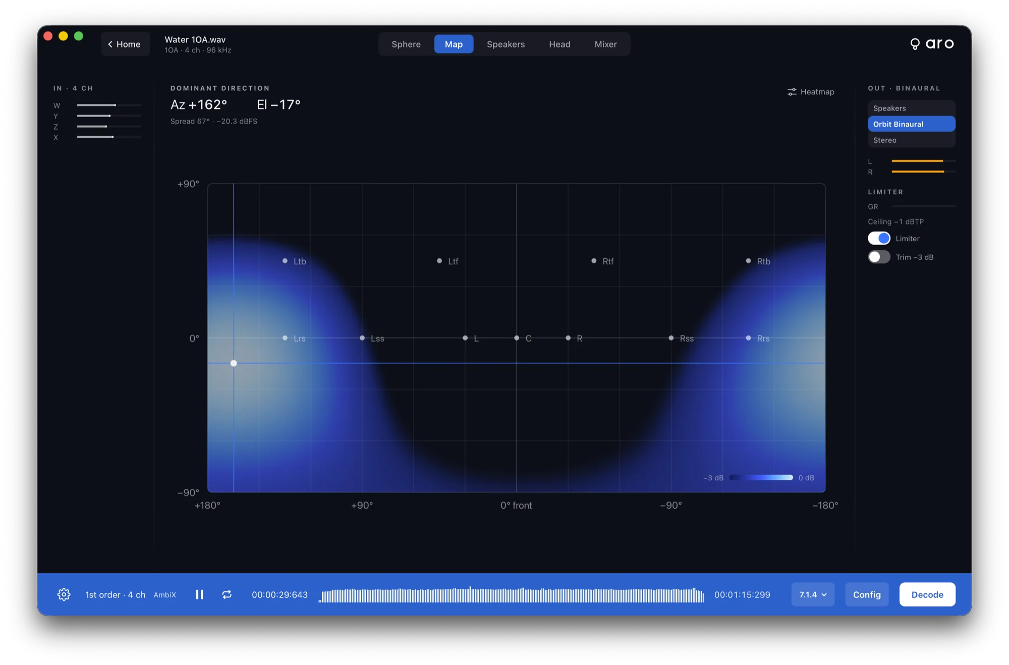 Aro’s Map view: the whole sphere unrolled into a flat azimuth-by-elevation map, with a blue heat trail showing where the energy has been and the speakers marked across it.