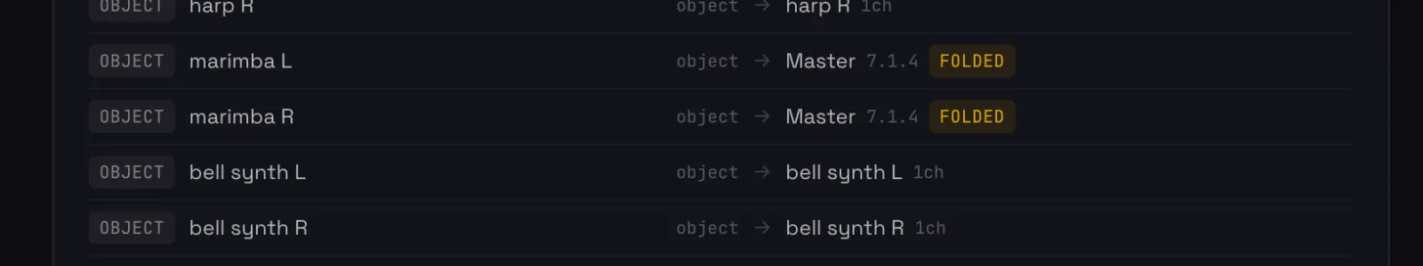 Rows from the conversion list — harp and bell synth objects passing through as 1ch objects, marimba L and R marked FOLDED into the 7.1.4 Master