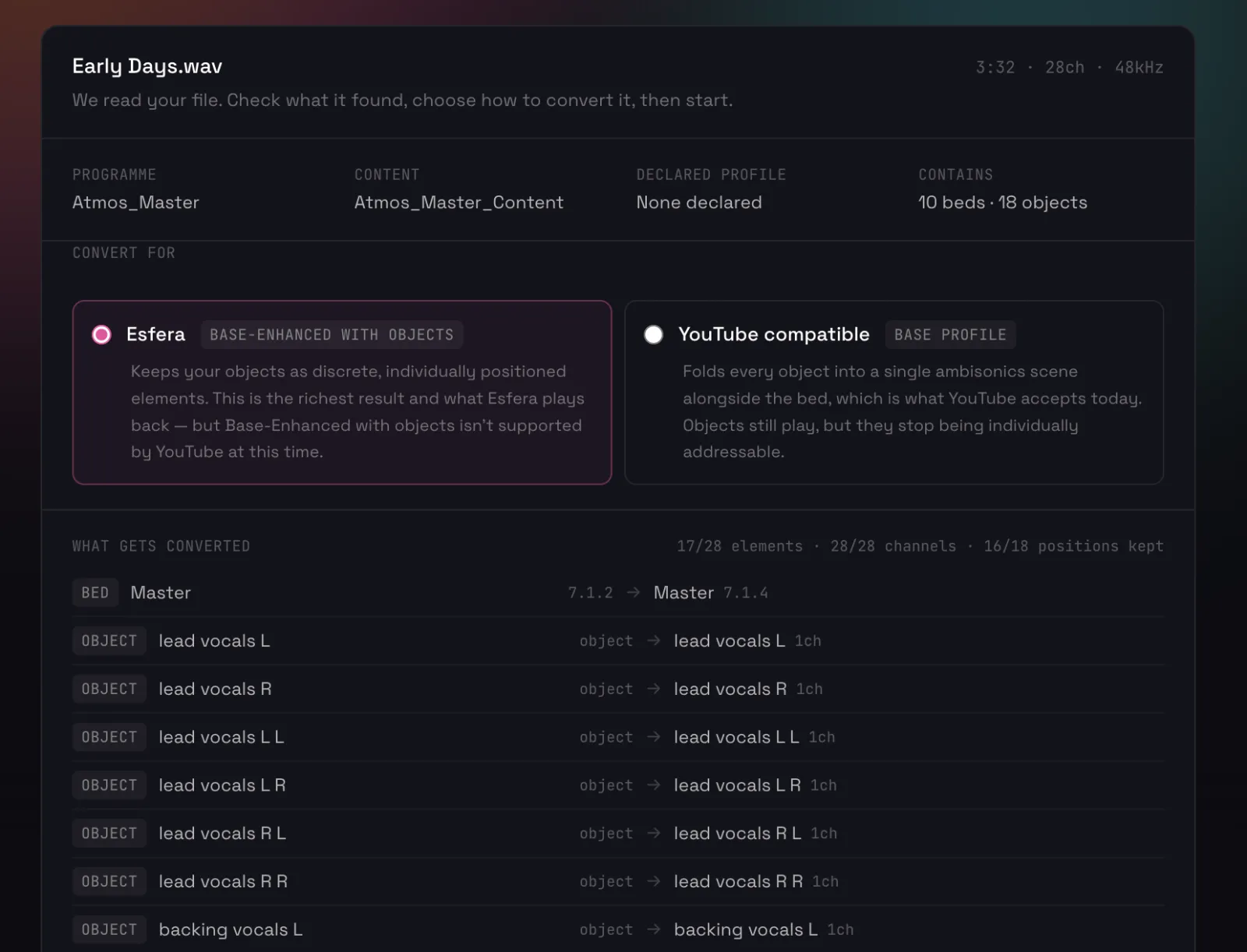 The Esfera ADM converter — file summary showing 10 beds and 18 objects, and a choice between the Esfera profile (Base-Enhanced with objects) and YouTube compatible (Base profile), above a per-element conversion list