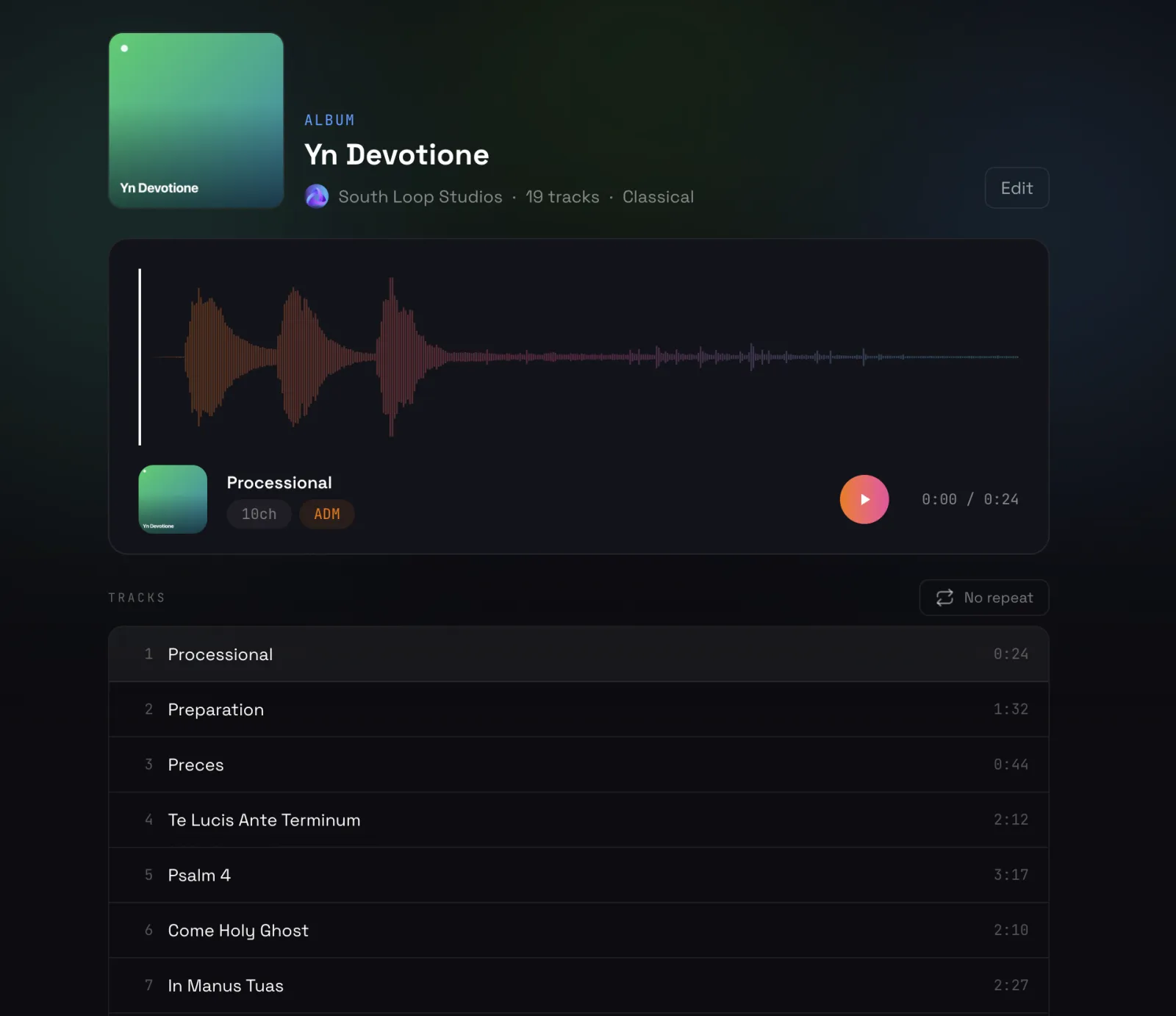 An Esfera album page — cover art, artist, 19 tracks, genre, a player showing a 10-channel ADM track, and the full track listing