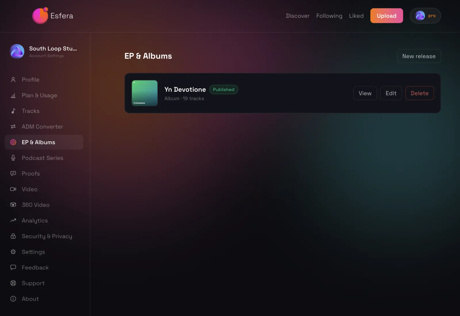 The Esfera account area with EP & Albums selected, showing a published 19-track album