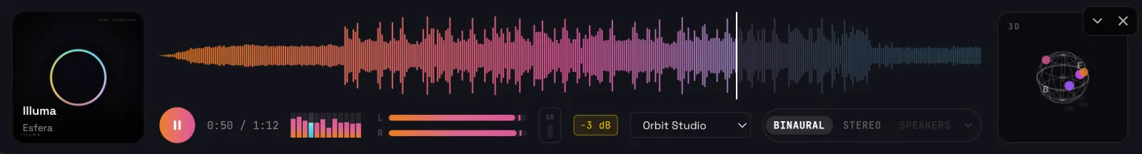The expanded Esfera player in binaural mode — cover art, waveform, gain reduction and output meters, the Orbit Studio HRTF selector, and a 3D object view on the right