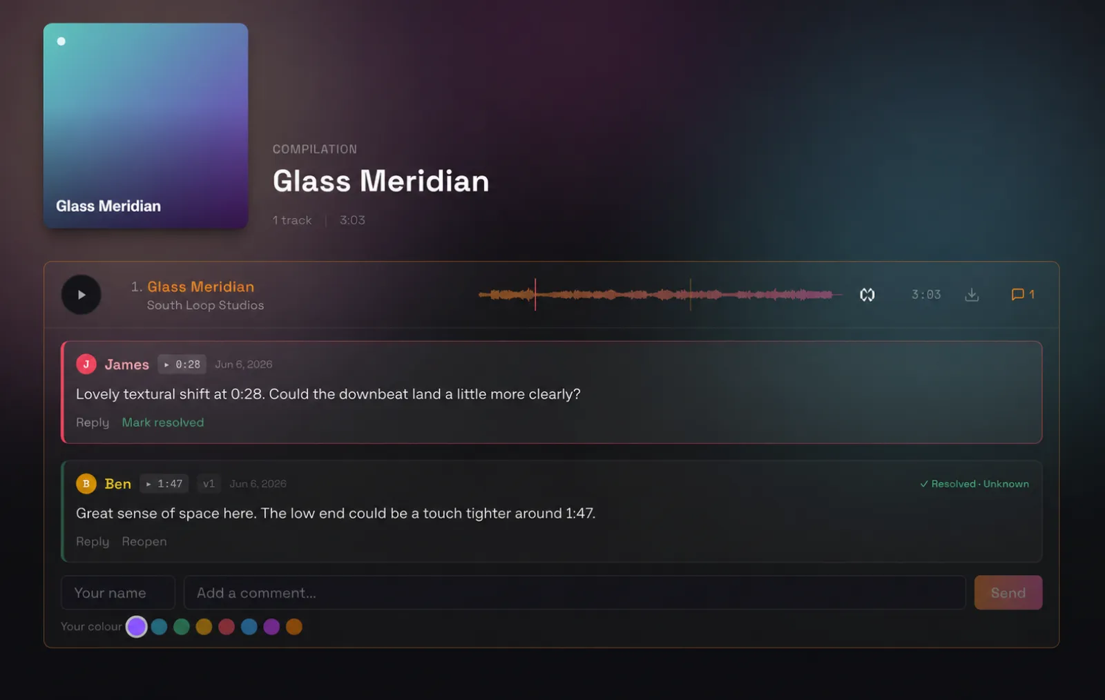 An Esfera Proof for "Glass Meridian" — a pinned note from James at 0:28 asking for a clearer downbeat, and a resolved reply from Ben at 1:47 about the low end, tagged v1, above a name-and-comment box with colour selection for people without an account