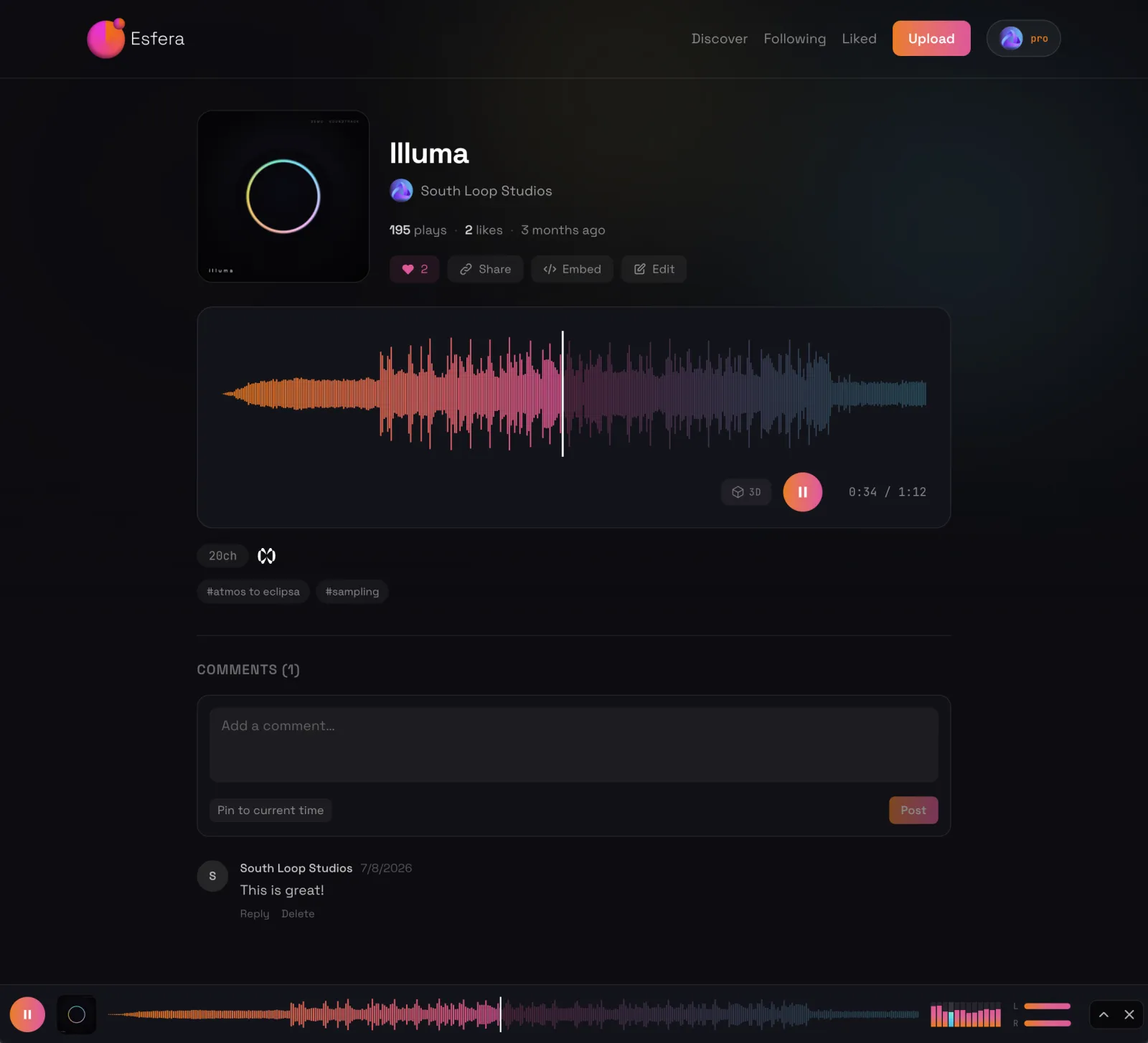 An Esfera track page — cover art, plays and likes, a colour-mapped waveform with a 3D toggle, channel count, tags, and a comment thread beneath