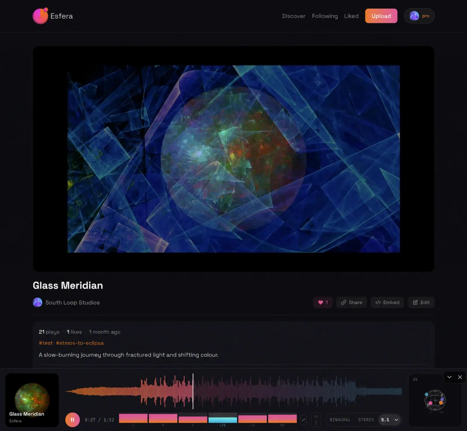 An Esfera video page — "Glass Meridian" playing 16:9 above the title, artist, plays, likes, tags and description, with the expanded player beneath showing 5.1 per-channel meters and the 3D view