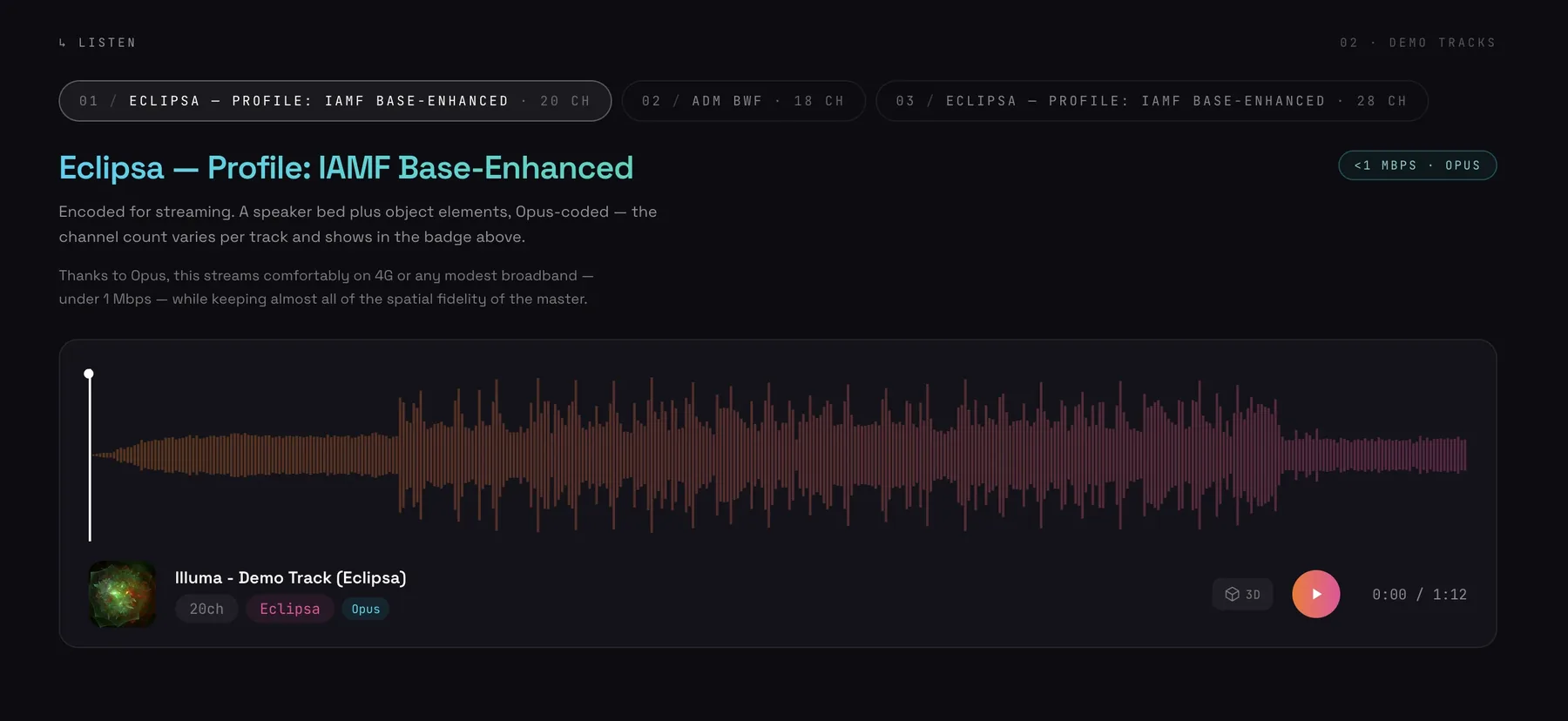The Esfera player streaming an Eclipsa Audio™ demo track