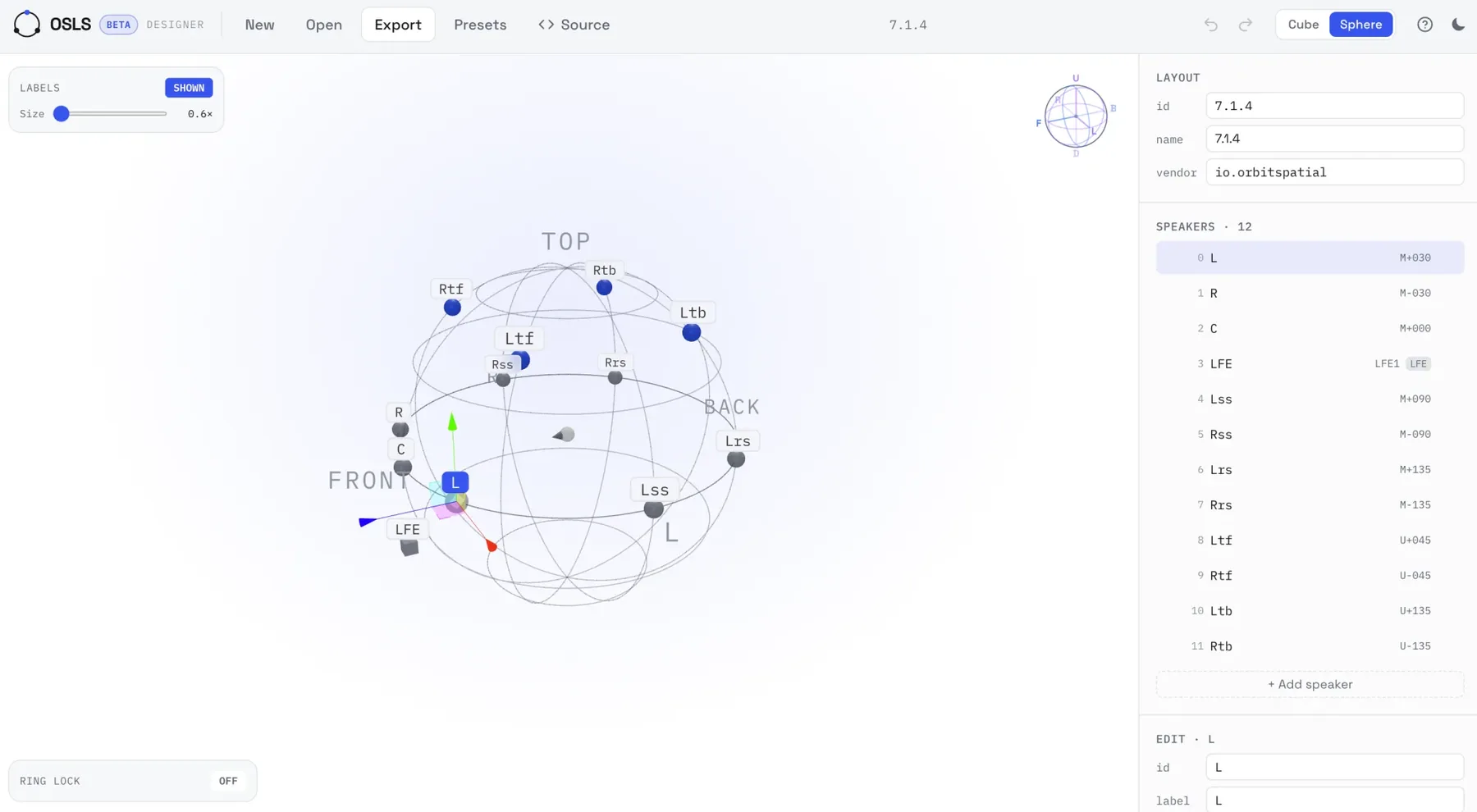 The OSLS designer editing a 7.1.4 speaker layout in 3D