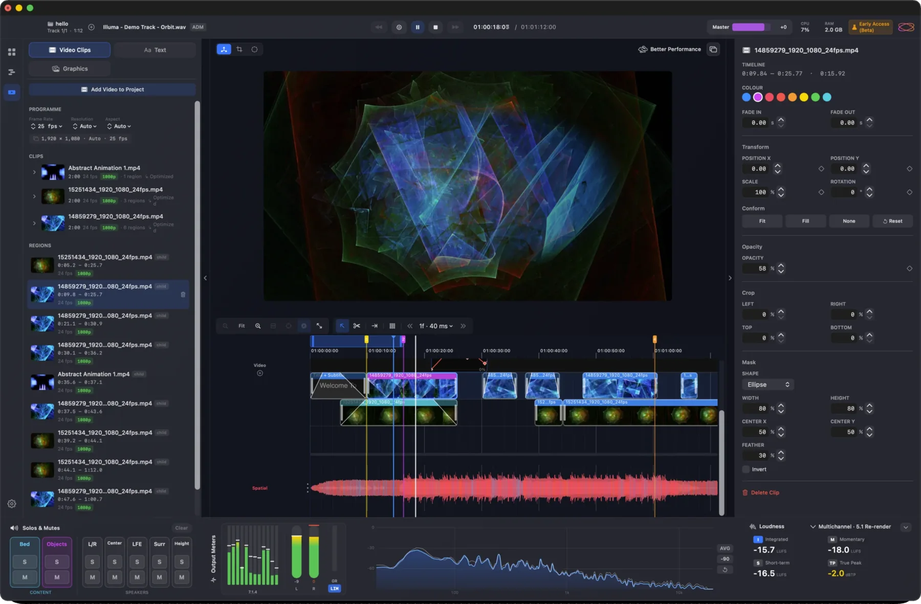 Orbit Pro with picture in sync: the video viewer, clips on the timeline above the spatial waveform, meters and loudness