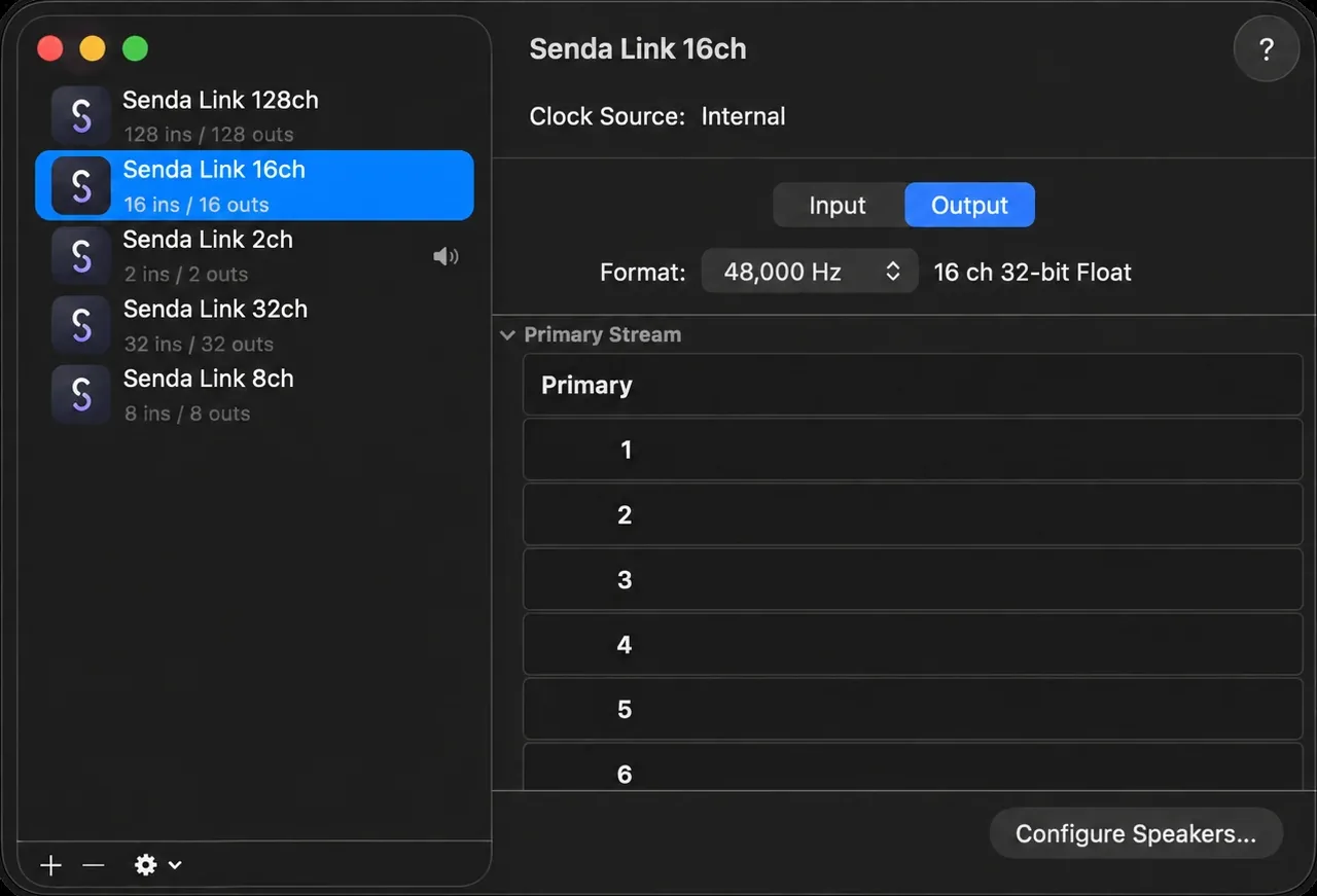 Senda Link’s five devices in Audio MIDI Setup