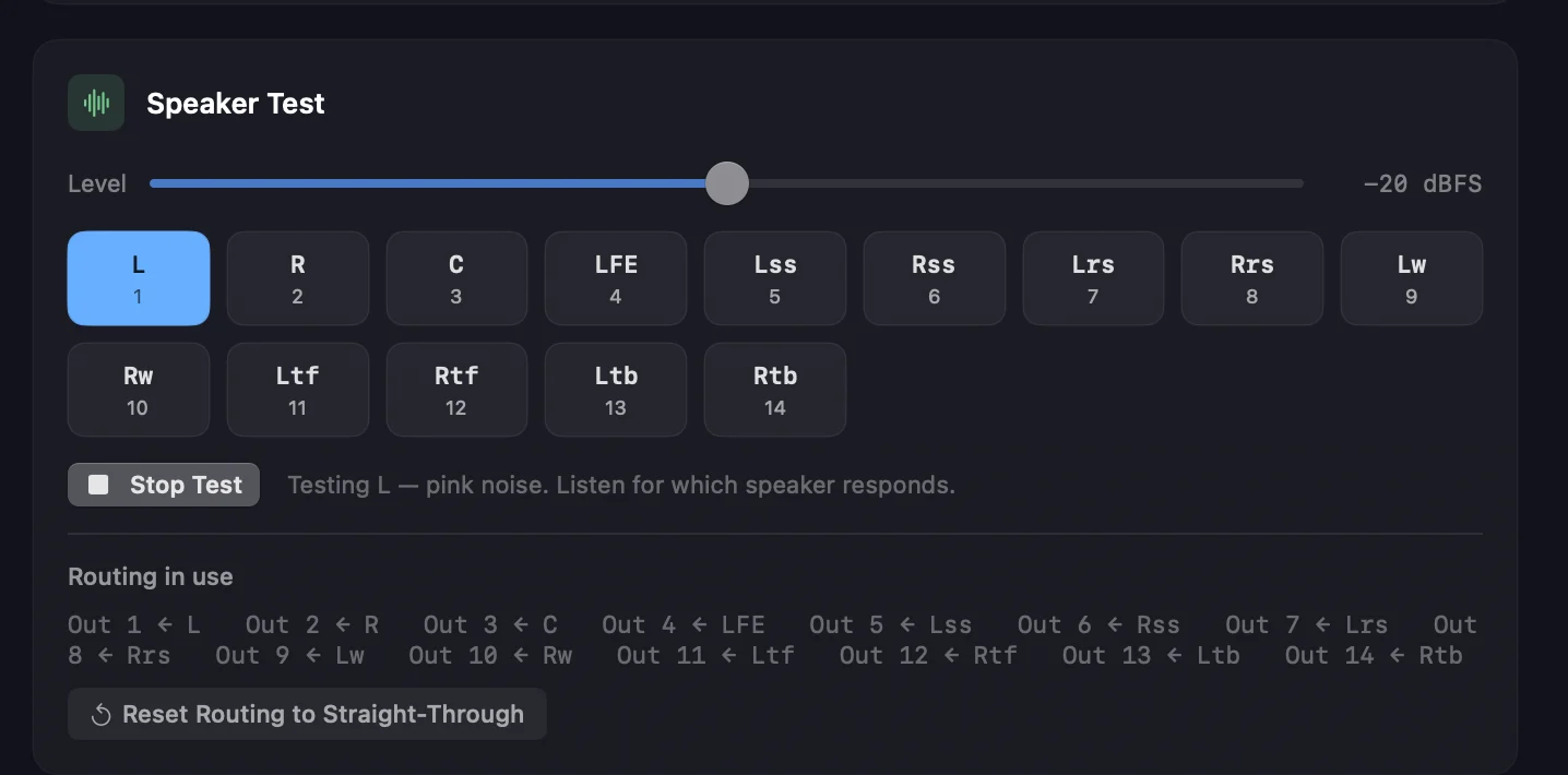 The Speaker Test in Orbit's Preferences — fourteen numbered speaker buttons with L testing, and a Routing in use list reading Out 1 from L through Out 14 from Rtb