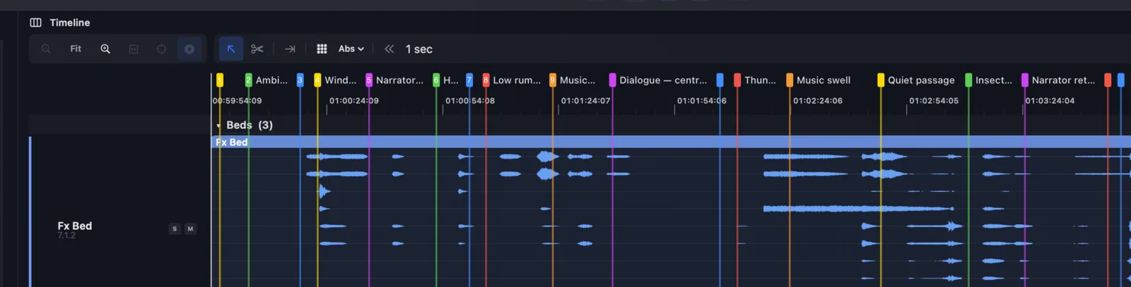 Orbit's timeline with a row of markers along the top — Intro, Ambience establishes, Wind swells overhead, Narrator enters, Low rumble, Music cue 1, Dialogue — centre lock, Thunder, Music swell, Quiet passage and more — each a coloured numbered flag with its name, above the bed lanes' waveforms