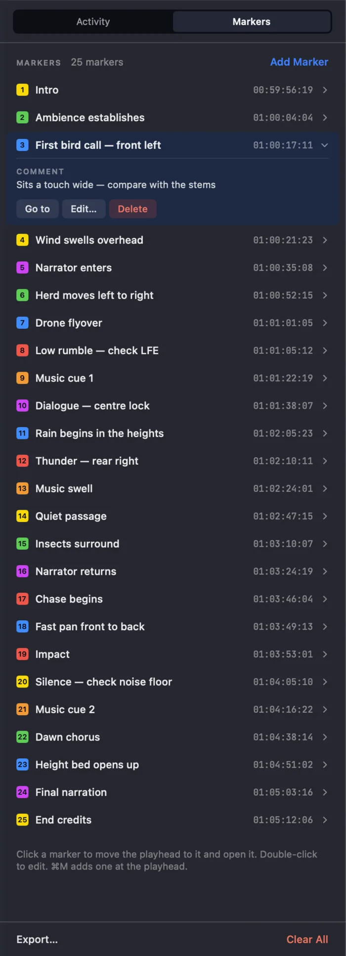 The Markers tab in Orbit's Timeline panel — 25 markers listed with coloured numbered flags and timecodes, the third, "First bird call — front left", open to show its comment and Go to, Edit and Delete buttons