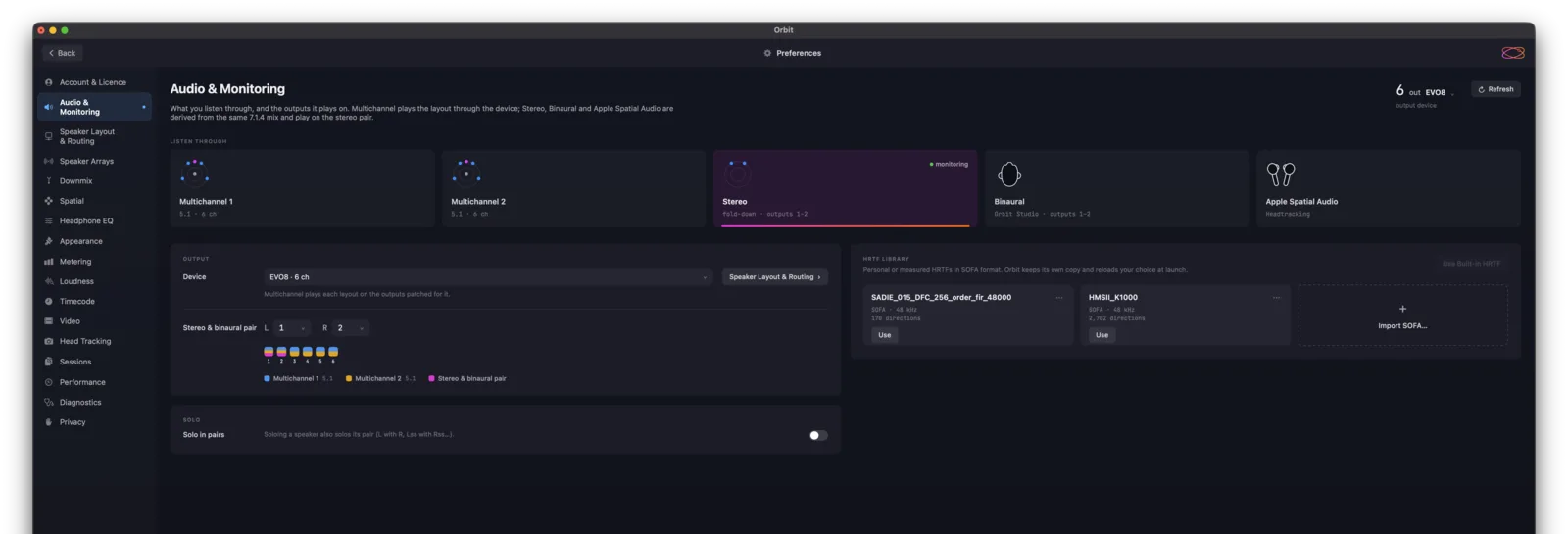 Audio & Monitoring in Orbit's Preferences — Multichannel 1, Multichannel 2, Stereo, Binaural and Apple Spatial Audio as cards along the top, the output device with the stereo and binaural pair below, and the HRTF library on the right