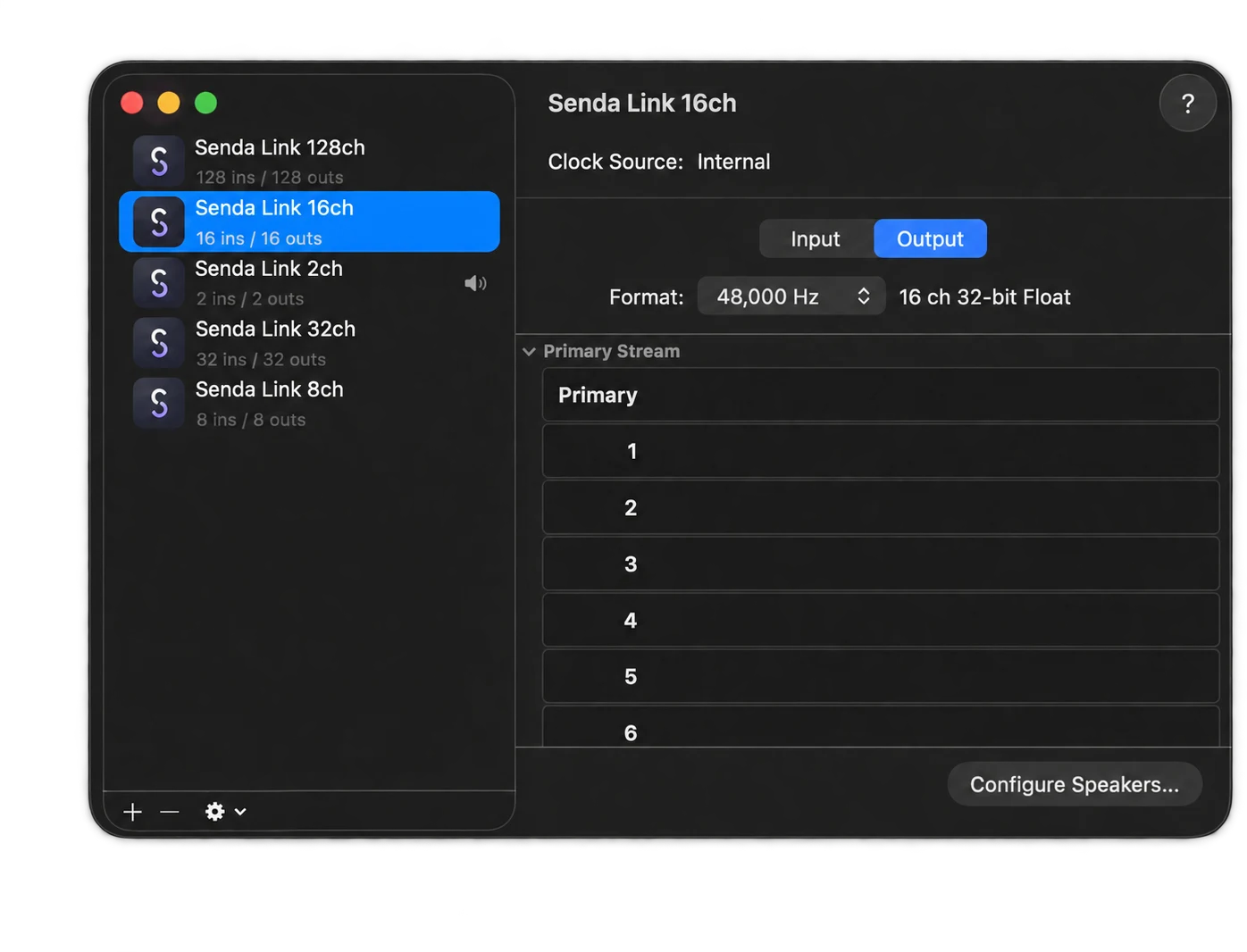 Audio MIDI Setup on macOS listing all five Senda Link devices — 128, 16, 2, 32 and 8 channels — with the 16-channel device selected, showing a format of 48,000 Hz at 16 ch 32-bit Float.
